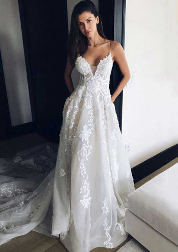 Elegant Lace A-Line/Princess Sweetheart Wedding Dress with Court Train and Pleated Details BM bride