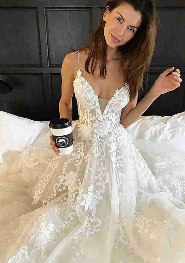 Elegant Lace A-Line/Princess Sweetheart Wedding Dress with Court Train and Pleated Details BM bride