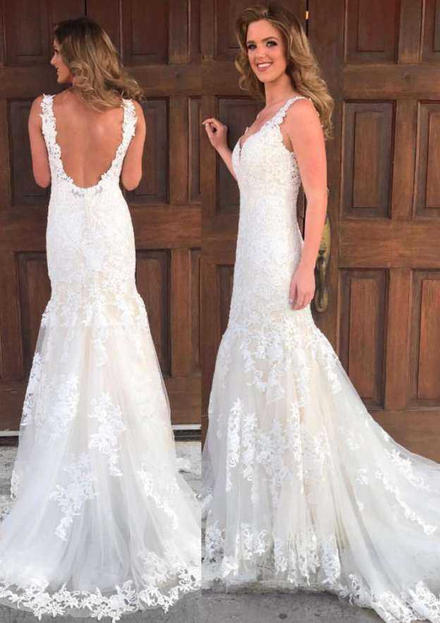 Refined Sheath/Column Tulle Wedding Dress with V-Neckline and Sweep Train BM bride