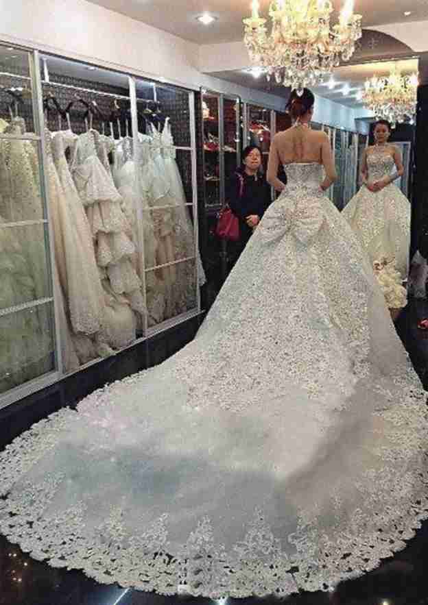 Beautiful Halter Neck Lace Cathedral Train Wedding Dress with Intricate Beading in A-Line/Princess Style BM bride