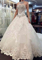 Beautiful Halter Neck Lace Cathedral Train Wedding Dress with Intricate Beading in A-Line/Princess Style BM bride