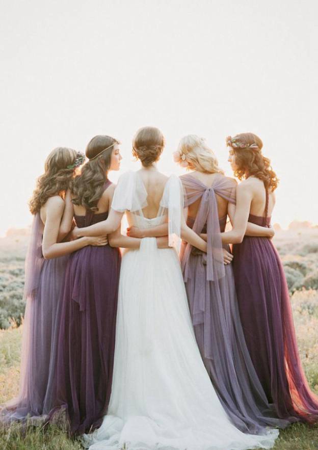 A-Line Pleated Tulle Bridesmaid Dress, Sweep Train BM bride