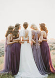 A-Line Pleated Tulle Bridesmaid Dress, Sweep Train BM bride