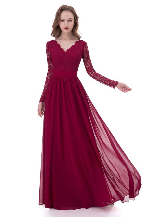 A-line/Princess Long/Floor-Length Chiffon Mother of the Bride Dress with Lace, V-Neck BM bride