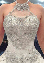 Beautiful Halter Neck Lace Cathedral Train Wedding Dress with Intricate Beading in A-Line/Princess Style BM bride