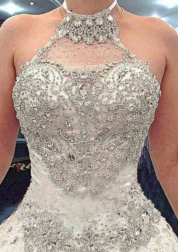 Beautiful Halter Neck Lace Cathedral Train Wedding Dress with Intricate Beading in A-Line/Princess Style BM bride