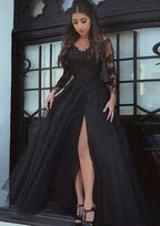 Beautiful Tulle Floor-Length A-Line Long Sleeve Sweetheart Prom Dress With Appliqued Details And Zipper BM bride
