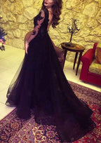 Beautiful Tulle Floor-Length A-Line Long Sleeve Sweetheart Prom Dress With Appliqued Details And Zipper BM bride