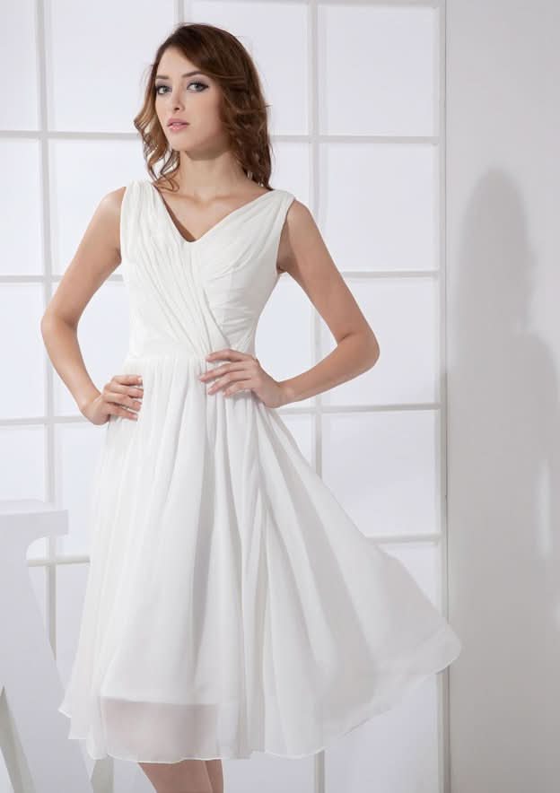 White Chiffon Homecoming Dress, A-Line Cut, V-Neck, Knee-Length BM bride