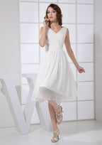White Chiffon Homecoming Dress, A-Line Cut, V-Neck, Knee-Length BM bride