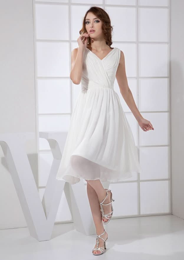 White Chiffon Homecoming Dress, A-Line Cut, V-Neck, Knee-Length BM bride