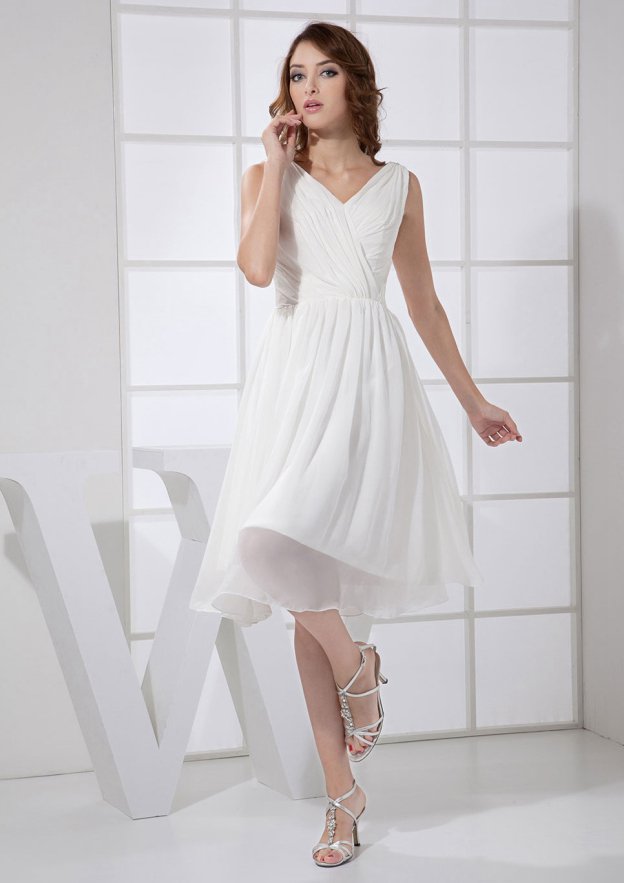 White Chiffon Homecoming Dress, A-Line Cut, V-Neck, Knee-Length BM bride