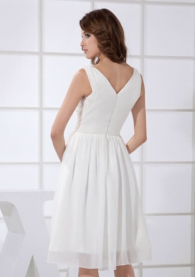White Chiffon Homecoming Dress, A-Line Cut, V-Neck, Knee-Length BM bride