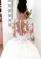 Refined Bateau Court Train Lace Wedding Dress in A-Line/Princess Silhouette BM bride
