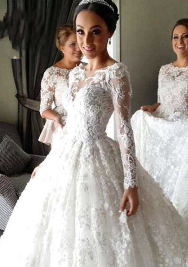 Refined Bateau Court Train Lace Wedding Dress in A-Line/Princess Silhouette BM bride