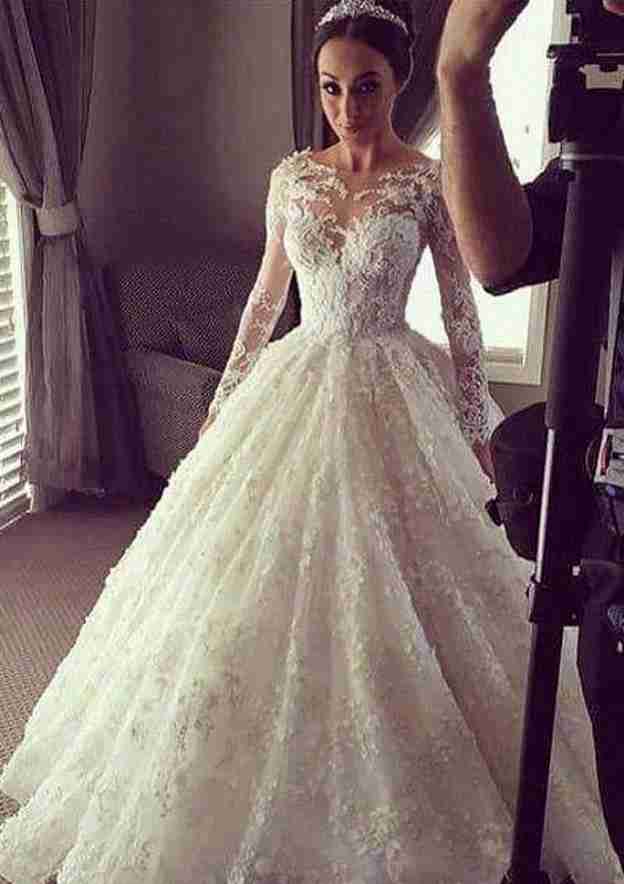 Refined Bateau Court Train Lace Wedding Dress in A-Line/Princess Silhouette BM bride