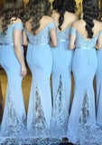 Sweep Train Bridesmaid Dress, Sheath/Column Cut, Off-The-Shoulder, With Lace Appliqued BM bride