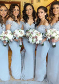 Sweep Train Bridesmaid Dress, Sheath/Column Cut, Off-The-Shoulder, With Lace Appliqued BM bride