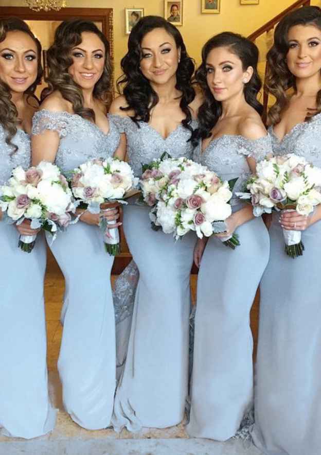 Sweep Train Bridesmaid Dress, Sheath/Column Cut, Off-The-Shoulder, With Lace Appliqued BM bride