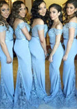 Sweep Train Bridesmaid Dress, Sheath/Column Cut, Off-The-Shoulder, With Lace Appliqued BM bride