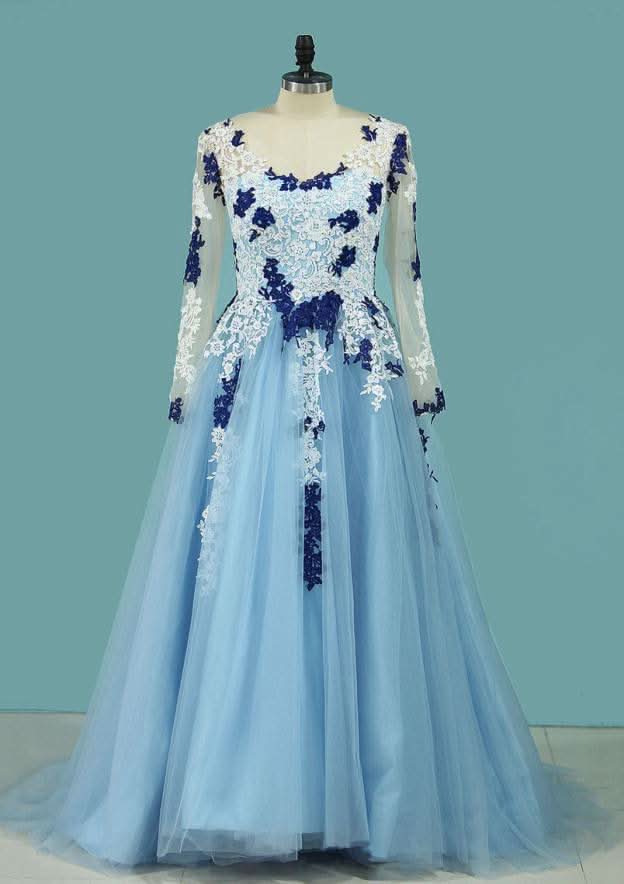 Prom Dress Ball Gown Tulle V-Neck Sweep Train with Appliqued BM bride