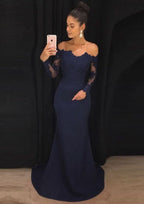 Prom Dress Sheath/Column Elastic Satin Off-The-Shoulder Court Train with Lace BM bride