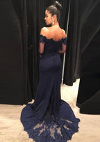 Prom Dress Sheath/Column Elastic Satin Off-The-Shoulder Court Train with Lace BM bride