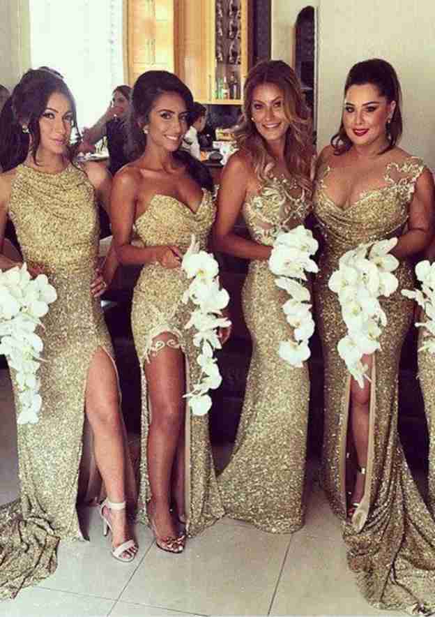 Sheath/Column Sleeveless Bateau Sequined Bridesmaid Dress, Sweep Train BM bride
