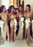 Sheath/Column Sleeveless Bateau Sequined Bridesmaid Dress, Sweep Train BM bride