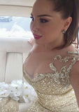 Sheath/Column Sleeveless Bateau Sequined Bridesmaid Dress, Sweep Train BM bride