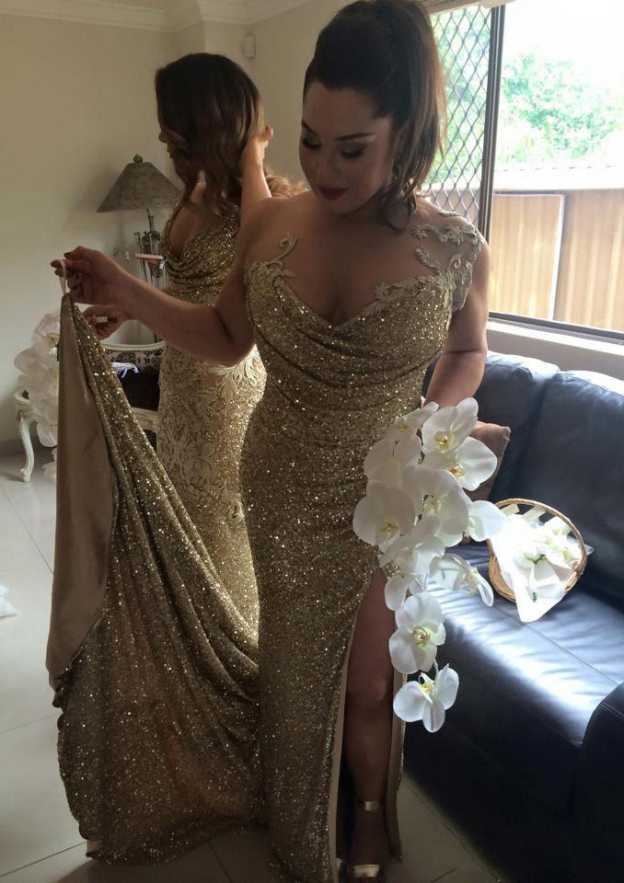 Sheath/Column Sleeveless Bateau Sequined Bridesmaid Dress, Sweep Train BM bride