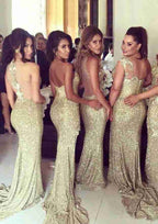 Sheath/Column Sleeveless Bateau Sequined Bridesmaid Dress, Sweep Train BM bride