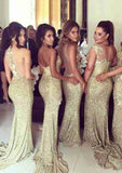 Sheath/Column Sleeveless Bateau Sequined Bridesmaid Dress, Sweep Train BM bride