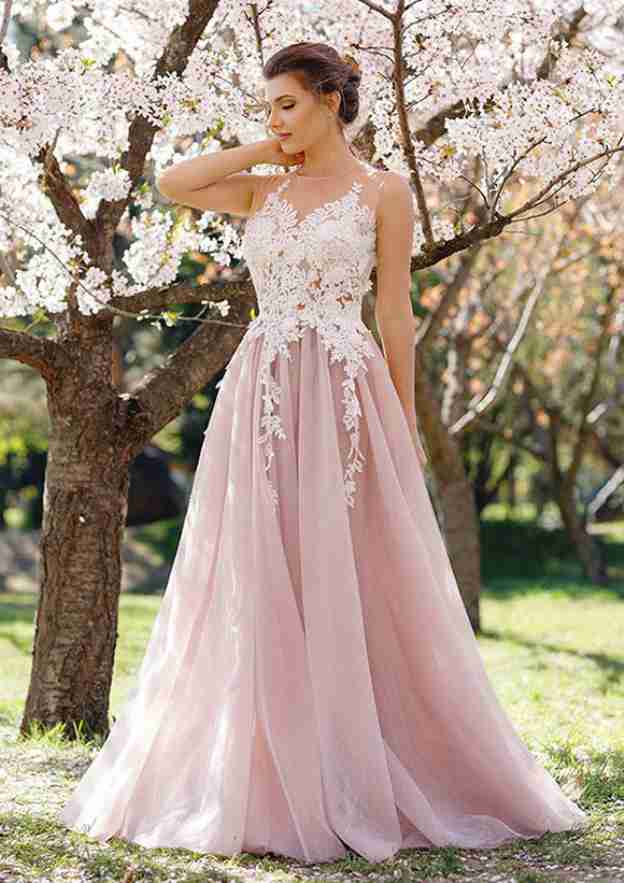 Appliqued A-Line Prom Dress with Bateau Neckline and Long Tulle Skirt BM bride