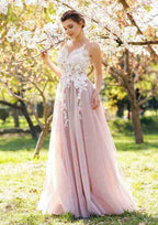 Appliqued A-Line Prom Dress with Bateau Neckline and Long Tulle Skirt BM bride