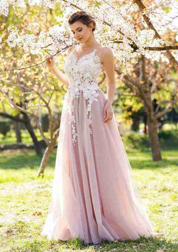 Appliqued A-Line Prom Dress with Bateau Neckline and Long Tulle Skirt BM bride
