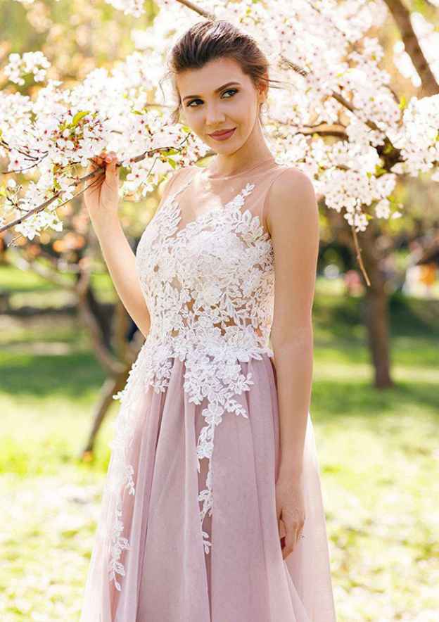 Appliqued A-Line Prom Dress with Bateau Neckline and Long Tulle Skirt BM bride