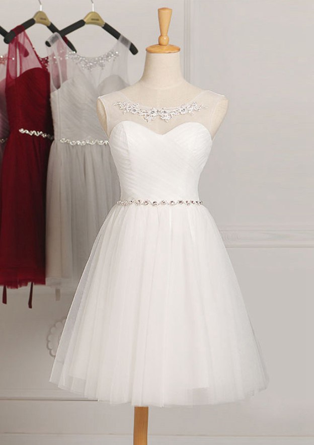 Tulle Bridesmaid Dress, A-Line/Princess Shape, Scoop Neck, Sleeveless, Knee-Length, With Beading BM bride