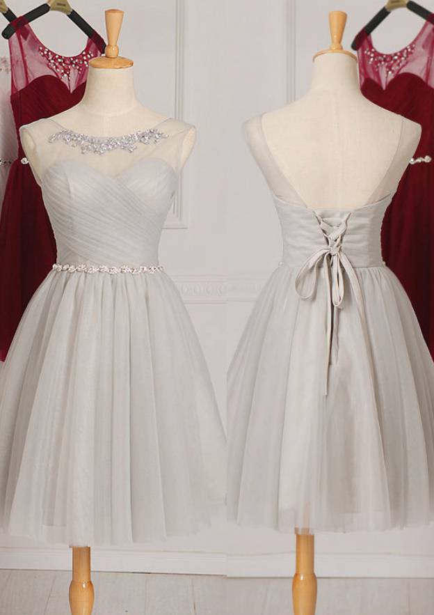 Tulle Bridesmaid Dress, A-Line/Princess Shape, Scoop Neck, Sleeveless, Knee-Length, With Beading BM bride