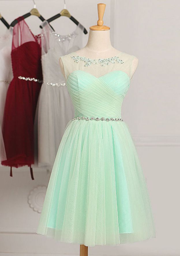 Tulle Bridesmaid Dress, A-Line/Princess Shape, Scoop Neck, Sleeveless, Knee-Length, With Beading BM bride