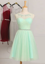 Tulle Bridesmaid Dress, A-Line/Princess Shape, Scoop Neck, Sleeveless, Knee-Length, With Beading BM bride