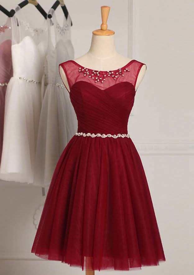 Tulle Bridesmaid Dress, A-Line/Princess Shape, Scoop Neck, Sleeveless, Knee-Length, With Beading BM bride