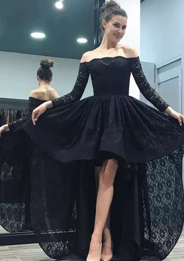 Modern A-Line Off-The-Shoulder Long Sleeve Asymmetrical Lace Prom Dress BM bride