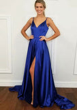 Court Train Charmeuse Prom Dress, A-Line/Princess Cut, V-Neck, Sleeveless, With Split BM bride