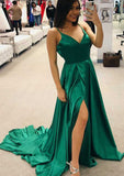 Court Train Charmeuse Prom Dress, A-Line/Princess Cut, V-Neck, Sleeveless, With Split BM bride
