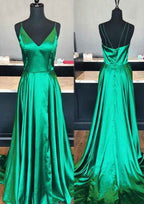 Court Train Charmeuse Prom Dress, A-Line/Princess Cut, V-Neck, Sleeveless, With Split BM bride