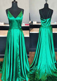 Court Train Charmeuse Prom Dress, A-Line/Princess Cut, V-Neck, Sleeveless, With Split BM bride