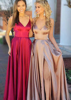 Court Train Charmeuse Prom Dress, A-Line/Princess Cut, V-Neck, Sleeveless, With Split BM bride