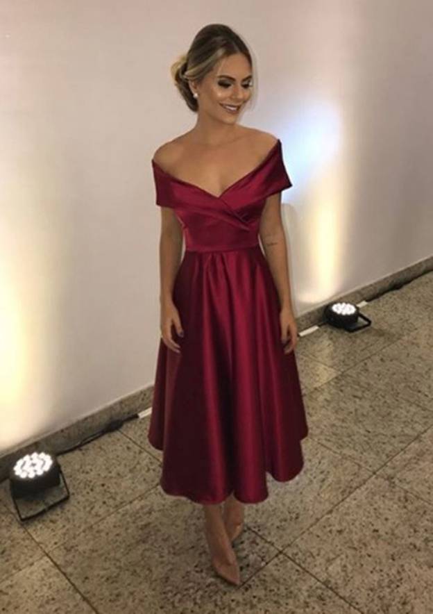 Timeless A-Line Off-The-Shoulder Sleeveless Tea-Length Satin Dress BM bride