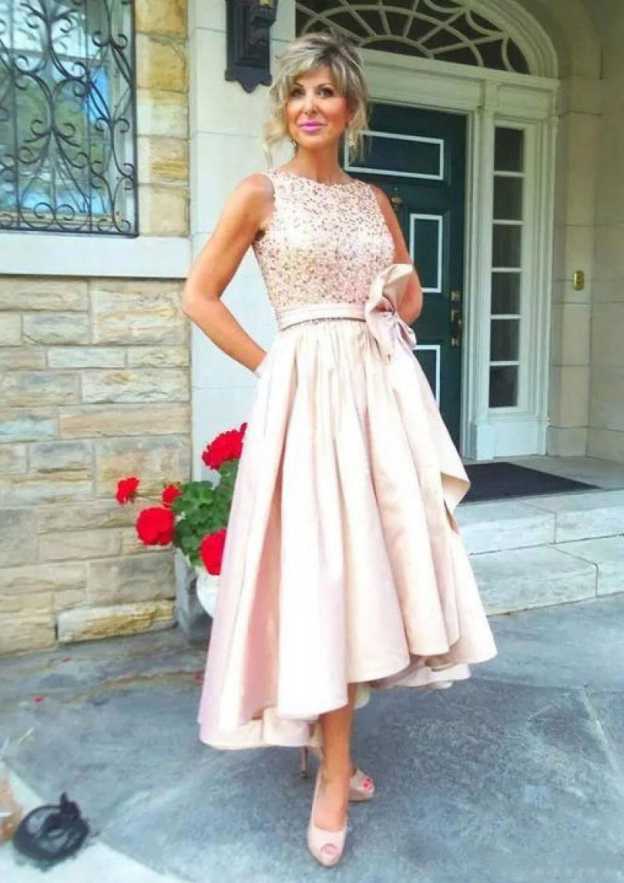 Asymmetrical Satin Mother of the Bride Dress with Beaded Bowknot Pleated, A-line Bateau BM bride